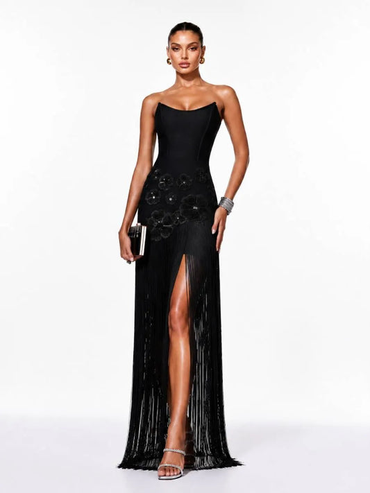 Olivia Chic Contour Strapless Floral Fringe Bandage Maxi Dress