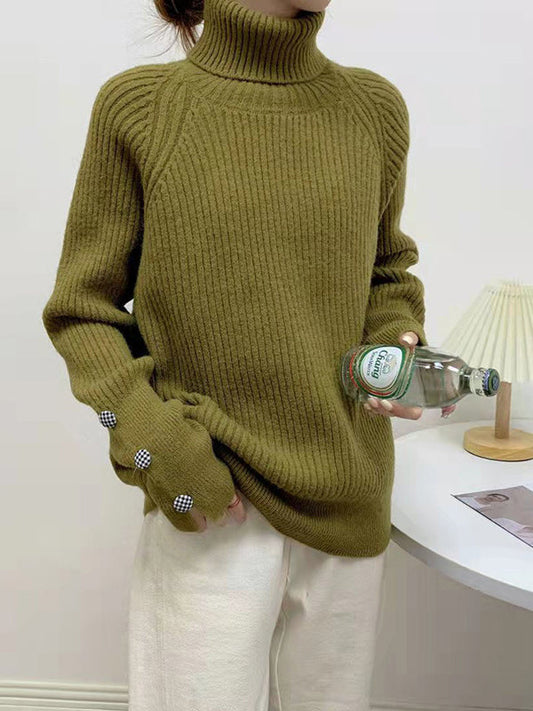 Casual Loose Long Sleeves Solid Color High-Neck Sweater Tops