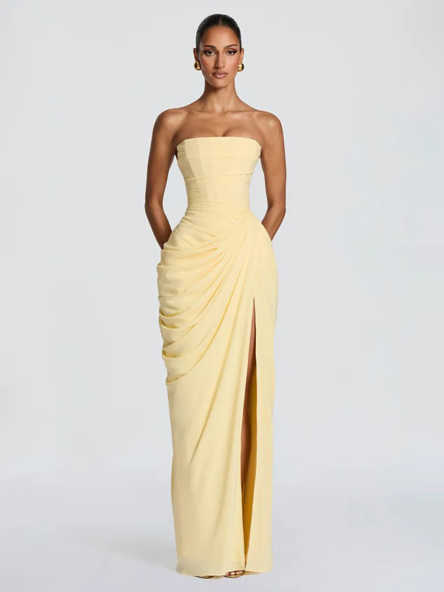 Giselle Ruched Slit Strapless Maxi Dress