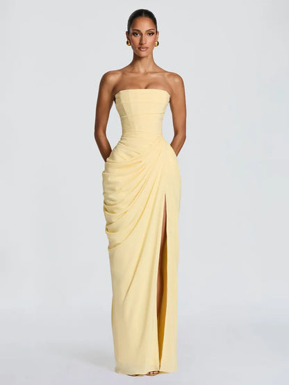 Giselle Ruched Slit Strapless Maxi Dress
