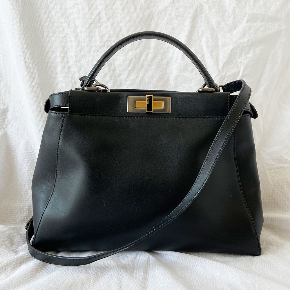 Fendi Black Leather Medium Peekaboo Top Handle Bag