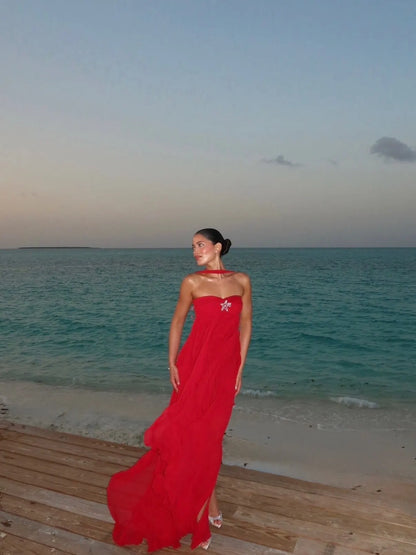 Liora Halter Ruffle Chiffon Maxi Dress In Red