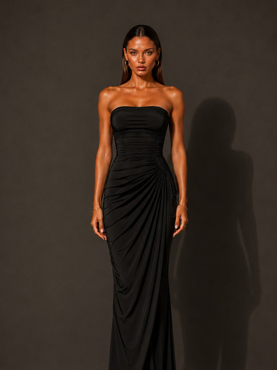 Isabella Strapless Ruched Bodycon Maxi Dress In Black