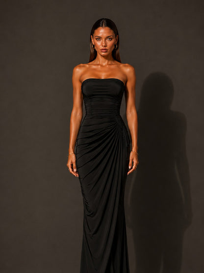 Isabella Strapless Ruched Bodycon Maxi Dress In Black