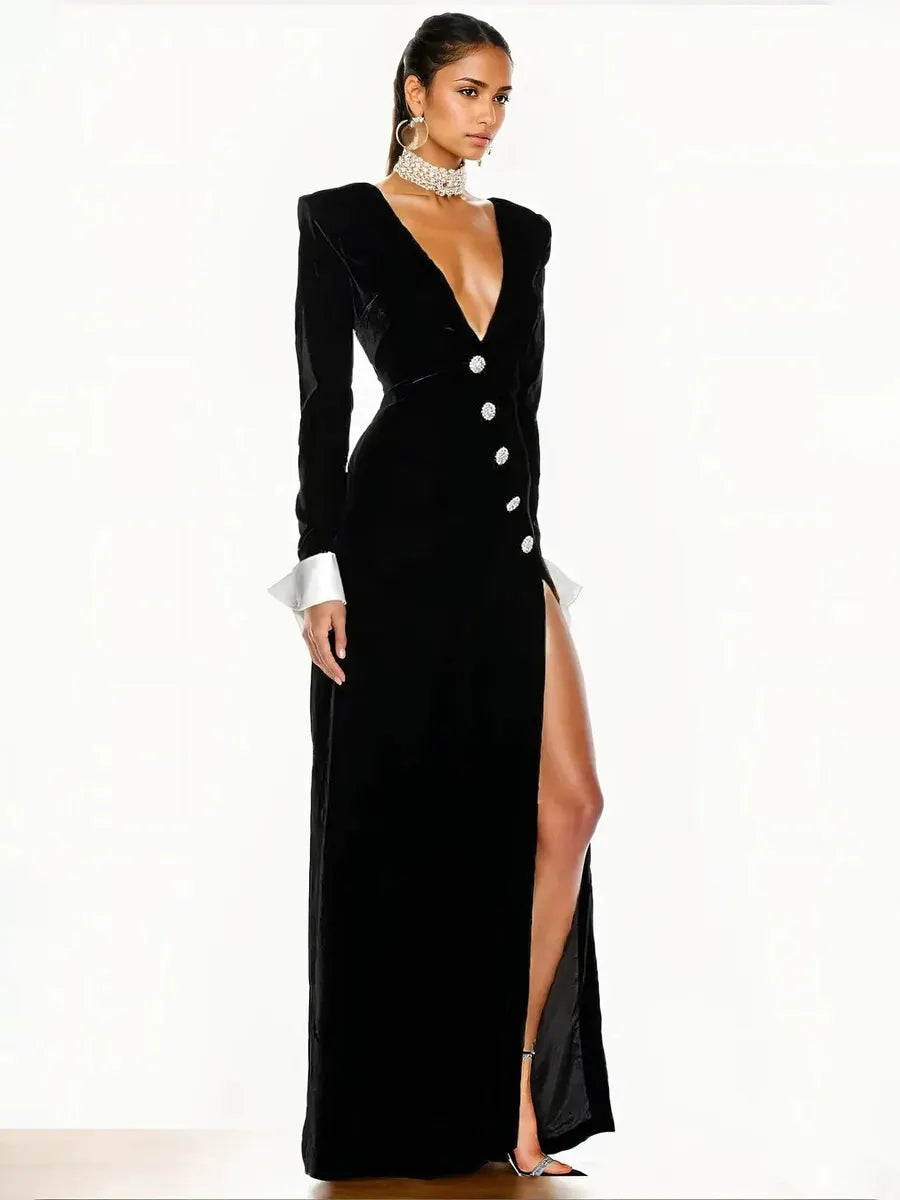 Natasha Deep V Long Sleeve Maxi Dress In Black