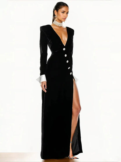 Natasha Deep V Long Sleeve Maxi Dress In Black