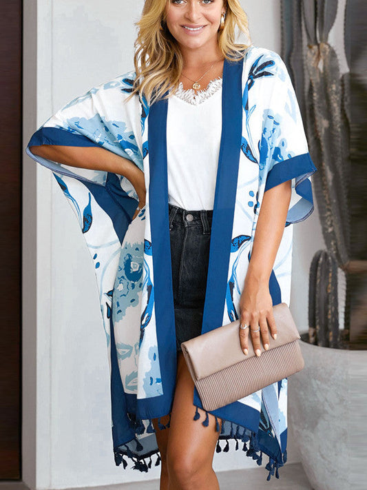 Printed Beach Jacket Women'S Mid-Length Cardigan Loose Sea Border Sunsuit Su-Bian And Kimono Hoodie Blouse