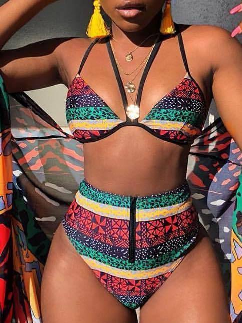 Split High-Waist National Wind-Stripe Printing Bikini Swimsuit
