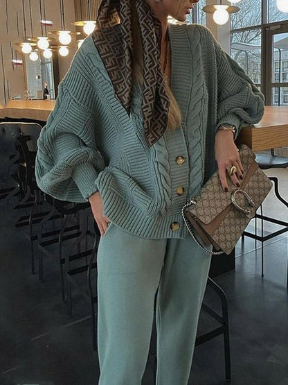 Fashion V-Neck Loose Buttoned Top&Pants Solid Color Knitting Suit
