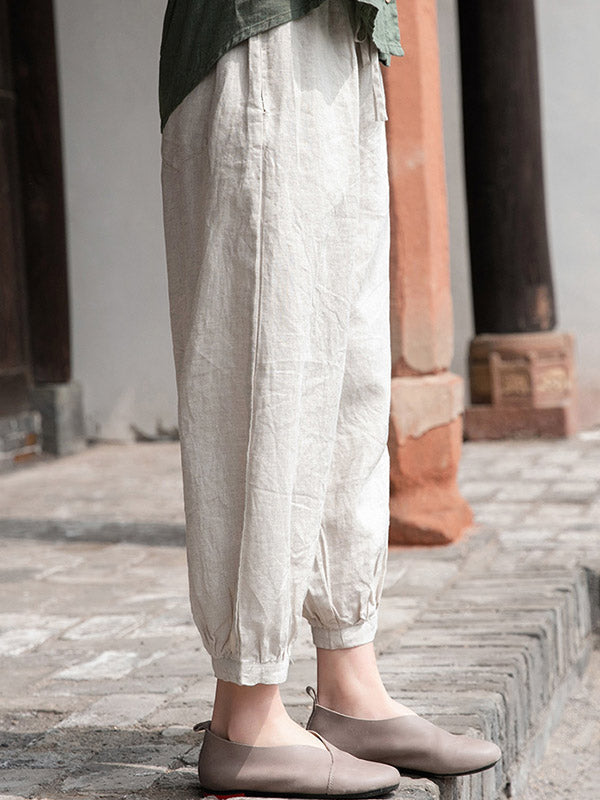 Simple Linen Solid Color Elasticity Waist Loose Knickerbockers&Capri-Pants