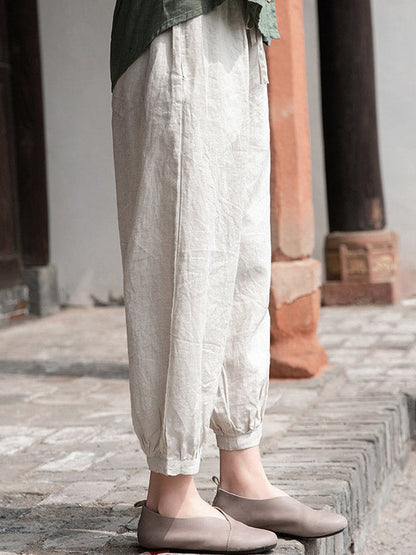 Simple Linen Solid Color Elasticity Waist Loose Knickerbockers&Capri-Pants