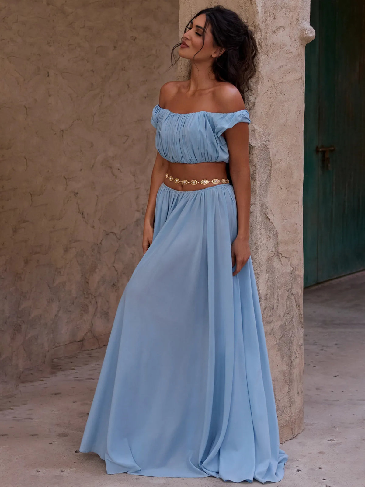 Briar Pleated Tulle Top And Skirt Set In Blue