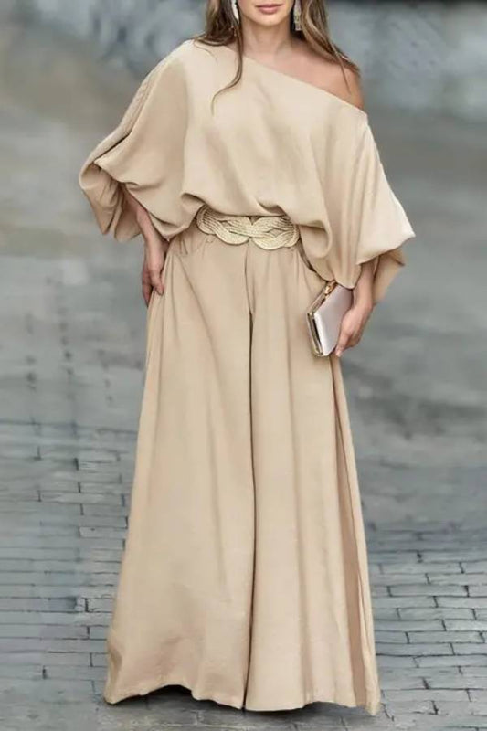 Skew Neck Lantern Sleeve Top \u0026 Wide Leg Pants Set