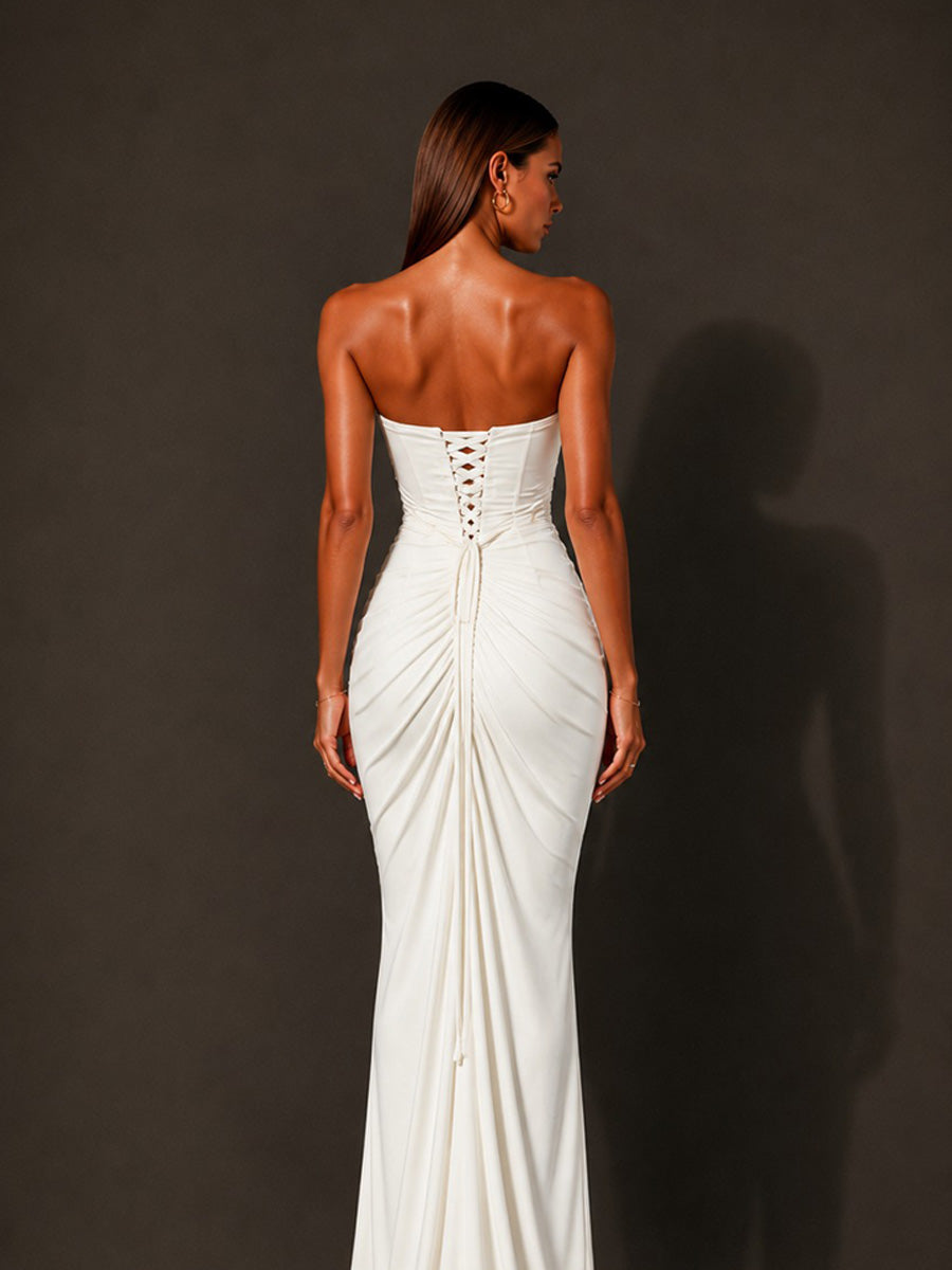 Isabella Strapless Ruched Bodycon Maxi Dress In White