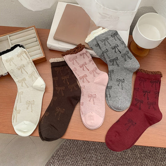 Rufia - Retro Doodle Bow Crew Socks - Sweet &amp; Stylish