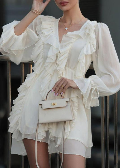 Ruffled V Neck Long Sleeve A Line Dress Beige