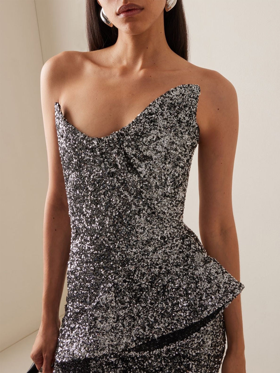 Isadora Strapless Sequin & Ruffle Midi Dress