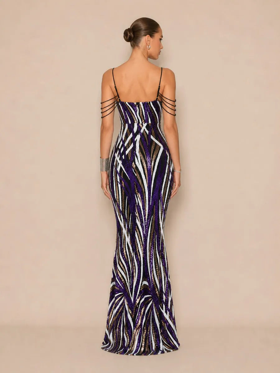 Abrielle Chic Contour V Neck Sequin Stripe Purple Maxi Dress