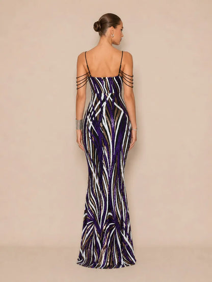 Abrielle Chic Contour V Neck Sequin Stripe Purple Maxi Dress