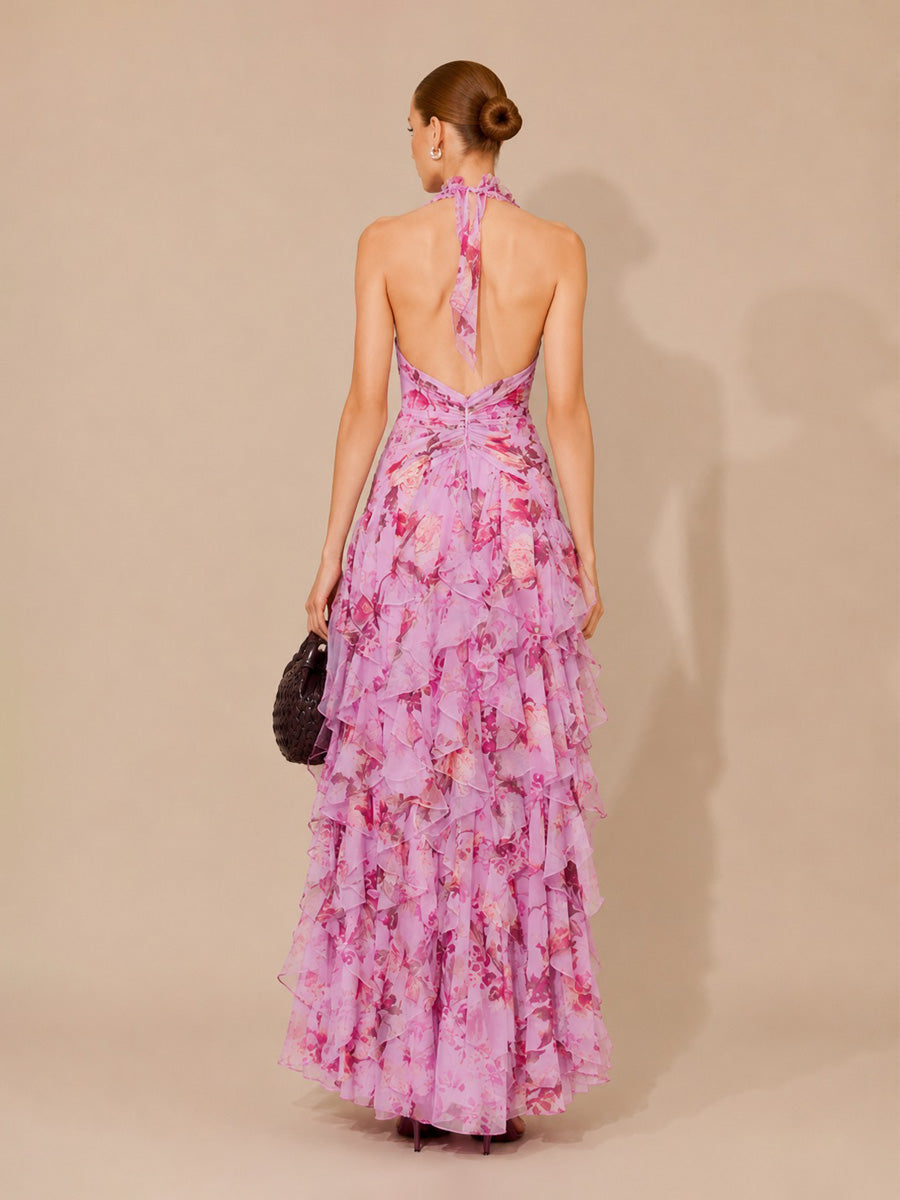 Katya Floral Print Asymmetrical Halter Maxi Dress with Tiered Ruffles