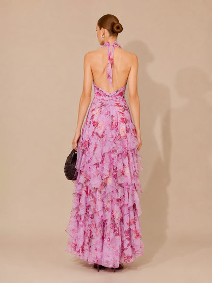 Katya Floral Print Asymmetrical Halter Maxi Dress with Tiered Ruffles