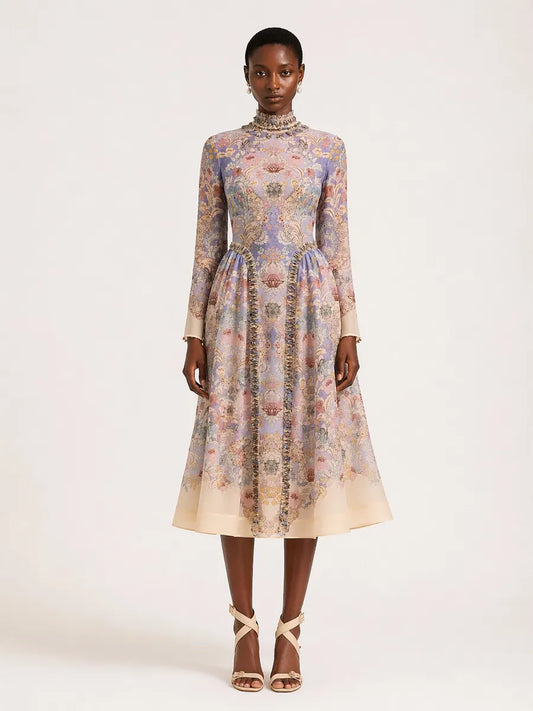 Quinn Elegant Long-Sleeve Printed Midi Dress