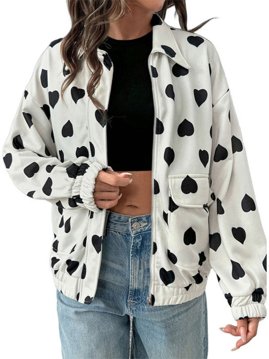Crosa - Sweet Street Style Heart-Print Zip-Up Jacket