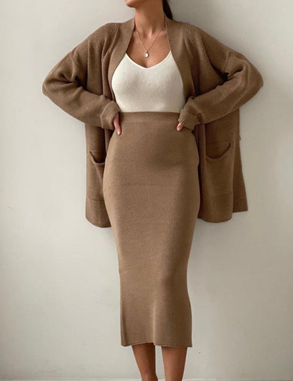 2 Pcs Solid Color Cardigan Sweater Skirt Set