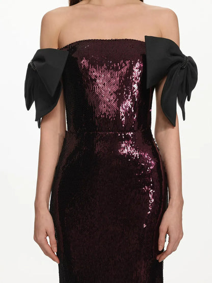 Gwyneth Glamorous Off Shoulder Bow Sequin Maxi Dress