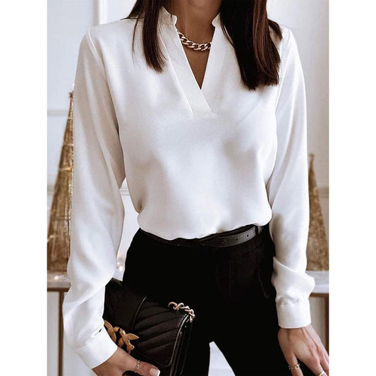 Long Sleeves Loose Solid Color V-Neck Blouses&Shirts Tops