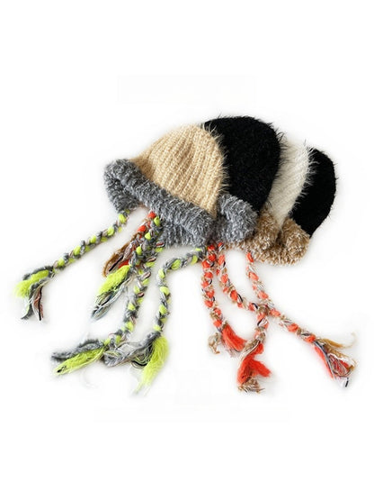 Haila - Winter Color Block Knitted Beanie with Tassel Braids