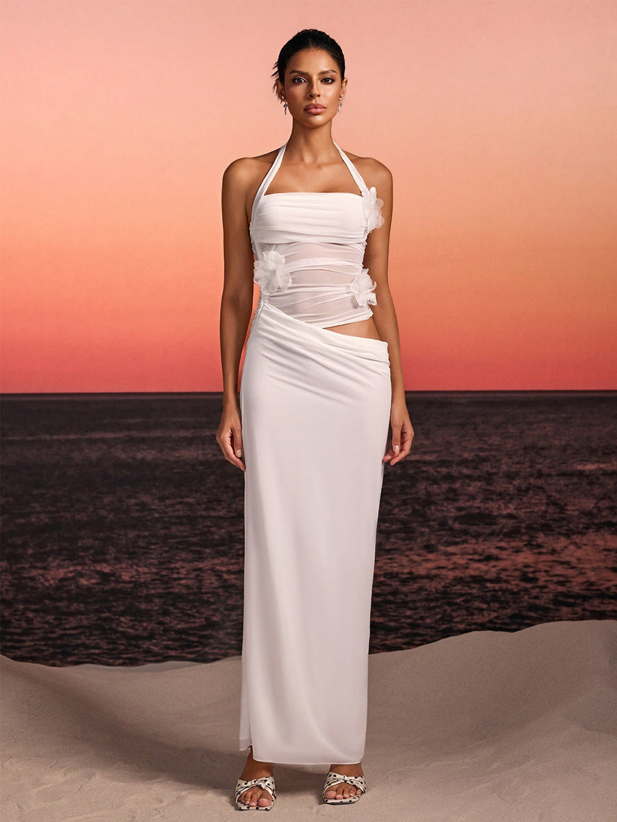 Ariella Halterneck Flower Maxi Dress In White