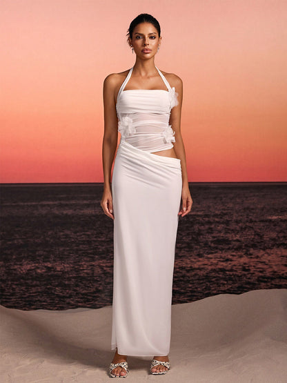 Ariella Halterneck Flower Maxi Dress In White