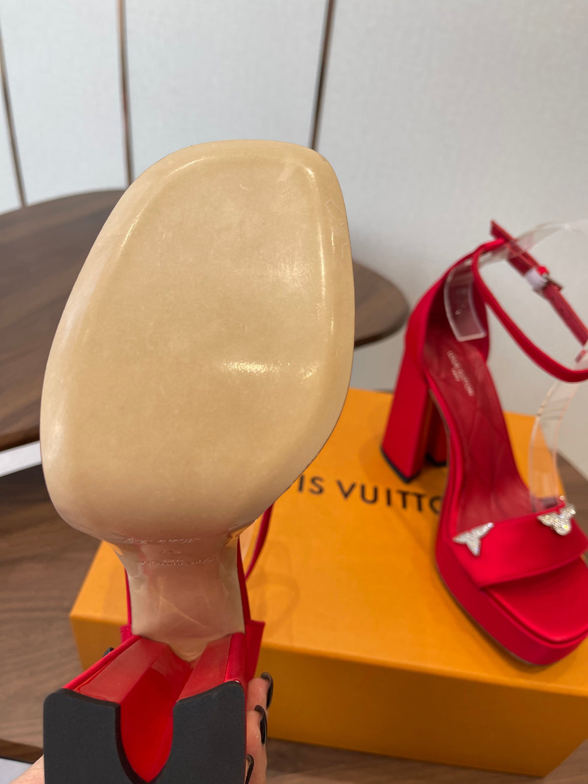 LV Swing Platform Sandal 8.5cm Red Satin 578756