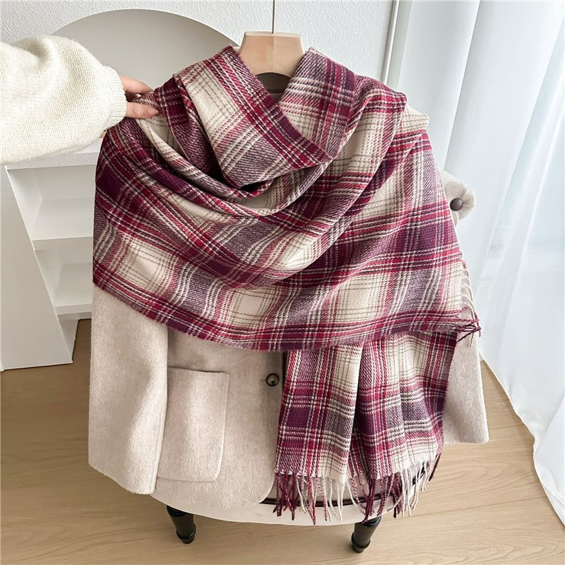 Color Block Plaid Fringe Scarf