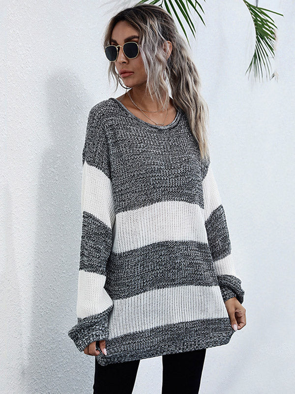 Simple Loose Contrast Color Striped Round-Neck Sweater
