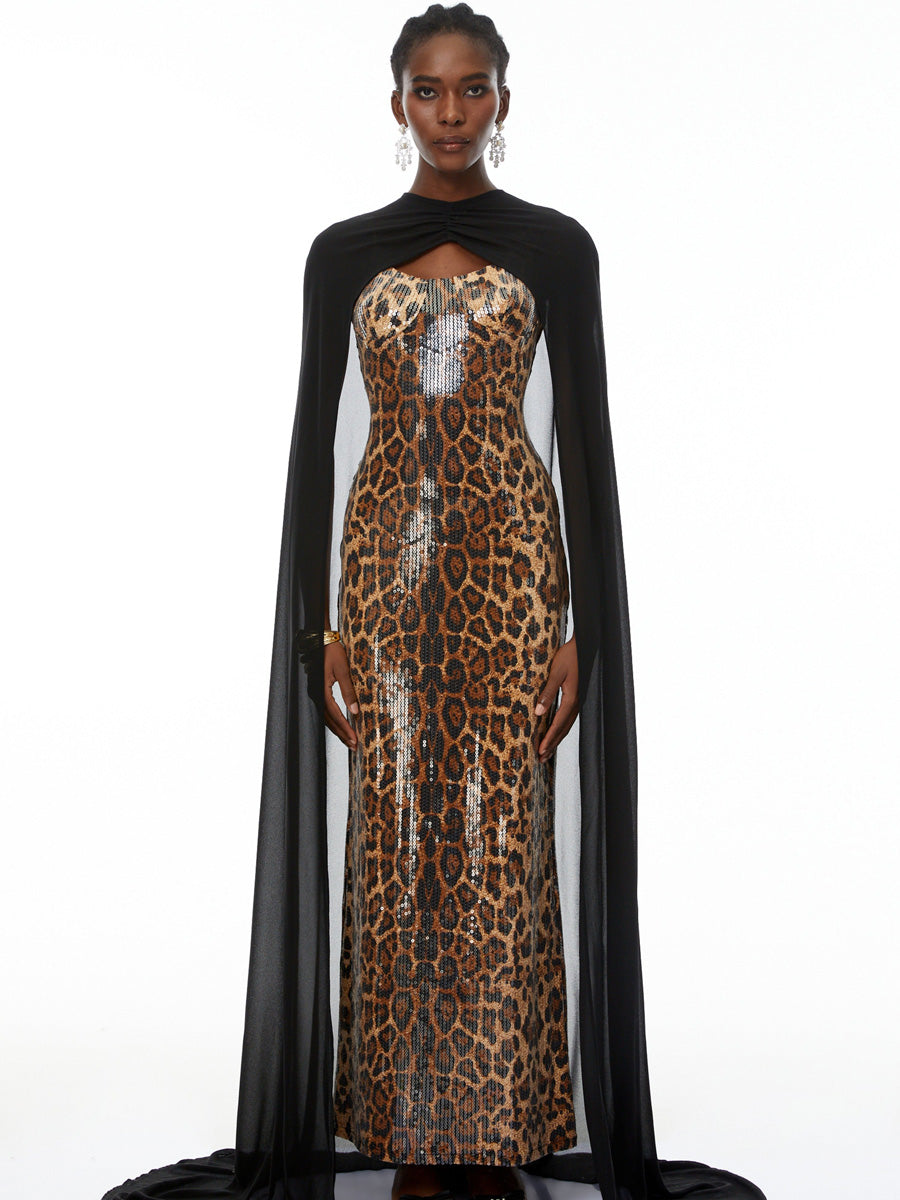 Harper Black Cape & Leopard Print Maxi Dress Set