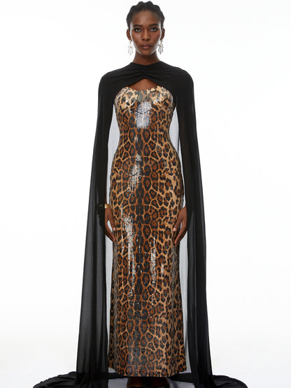 Harper Black Cape & Leopard Print Maxi Dress Set