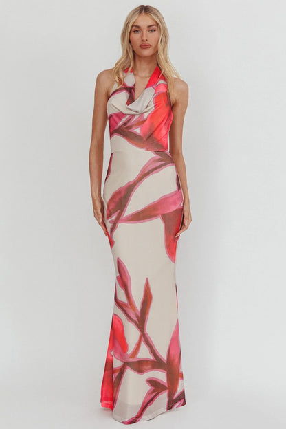 Outlier Cowl Halterneck Maxi Dress Print Beige