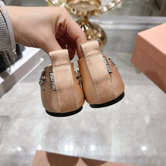 Miu 26 Ballet Flats with Crystal Rhinestones Light Pink Silk Satin 592101