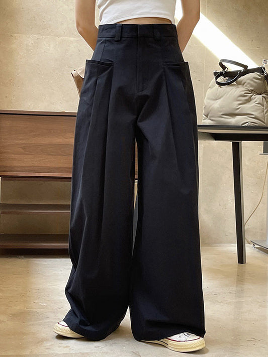 Original Loose Wide Legs Pleated Solid Color Pants