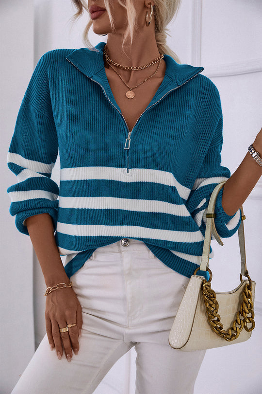 V Neck Collar Ribbed Knitted Stripe Pullover Sweater