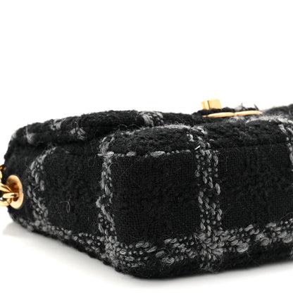 Wool Tweed Quilted Small Elegant Chain Flap Black Grey
