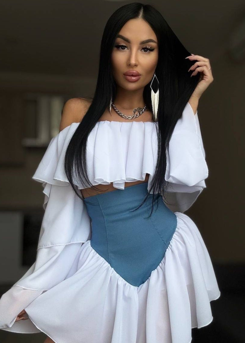 Off Shoulder Ruffle Sleeve Two Tone Mini Dress