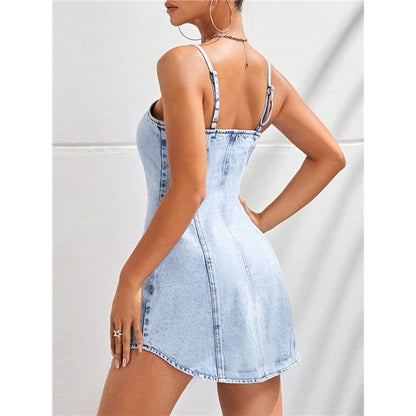 Sexy Suspender Single Breasted Slim Fit Short Denim Dress