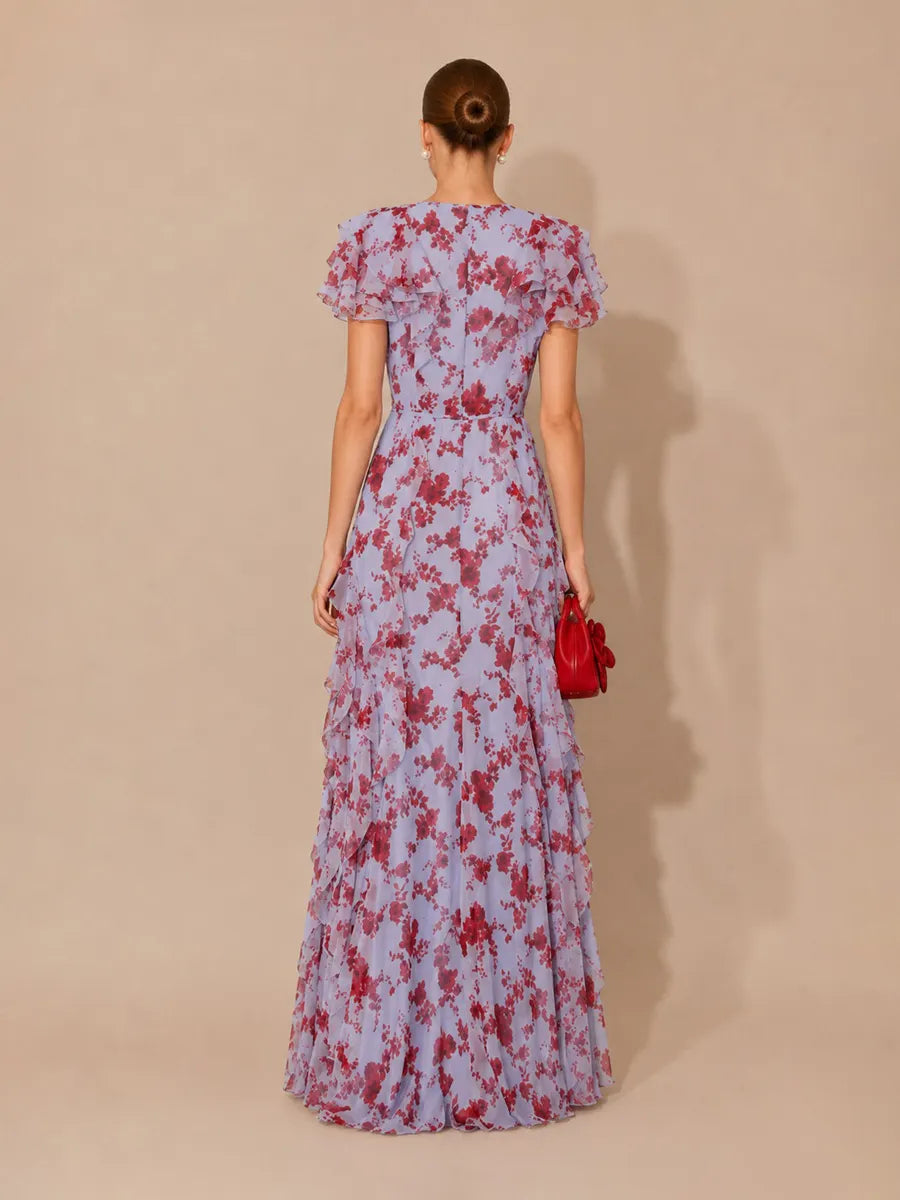 Lilith V-Neck Printed Chiffon Maxi Dress with Ruffle Detail