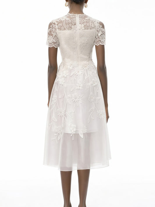 Gabriella 3D Petals White Midi Dress
