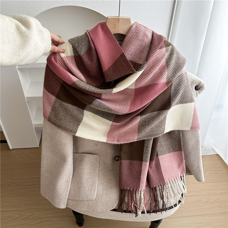Color Block Plaid Fringe Scarf