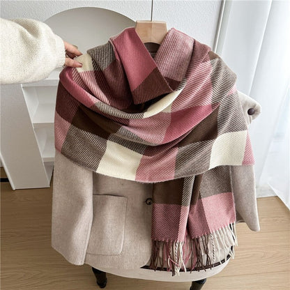 Color Block Plaid Fringe Scarf
