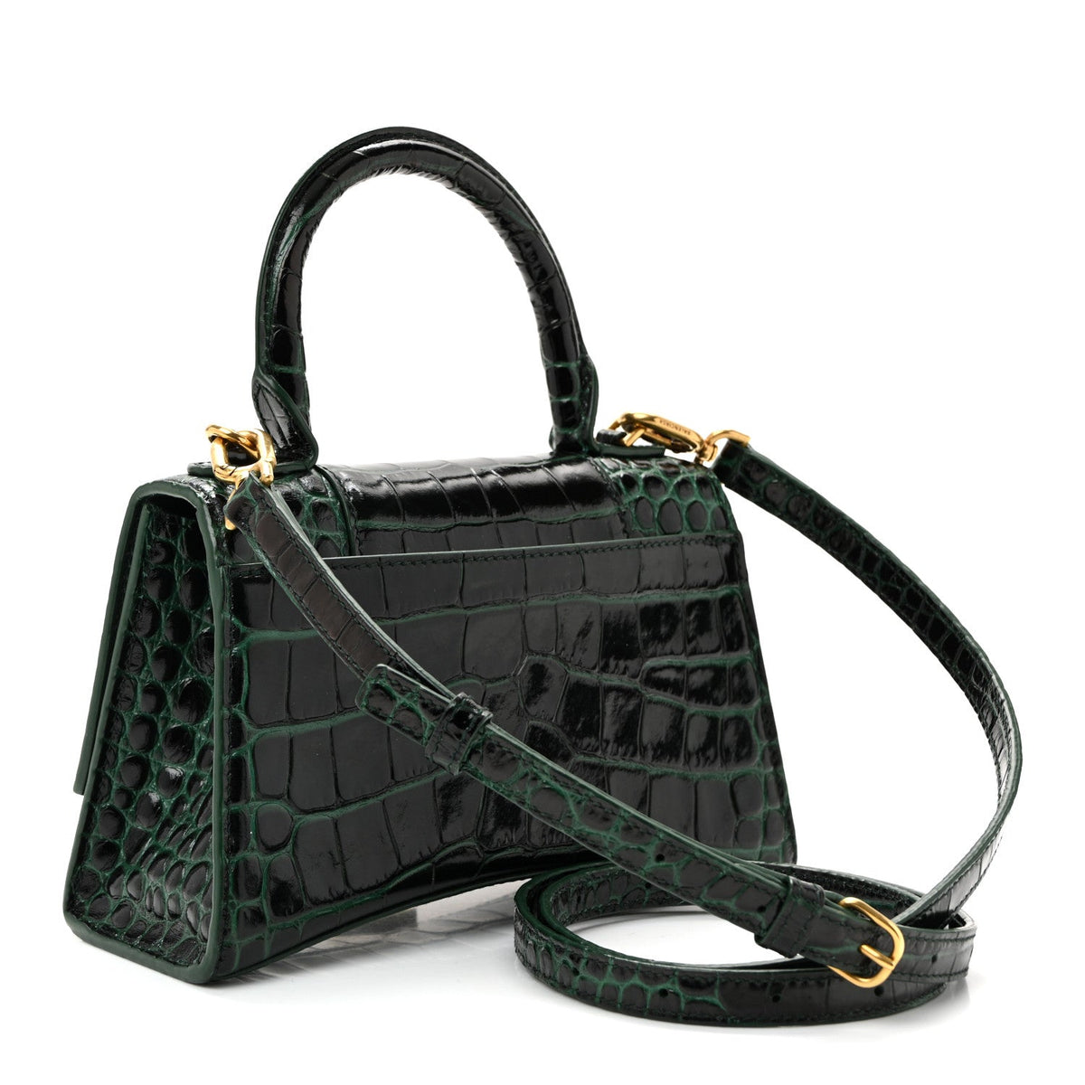 Shiny Calfskin Crocodile Embossed Hourglass Top Handle Bag XS Forest Green